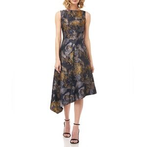 Kay Unger Navy and Gold Floral Midi Dress